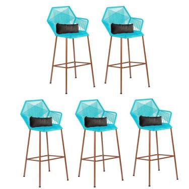 Imagem de Kit 05 Banqueta Alta Sttar Ferro Bronze Fibra Azul Turquesa Almofada Sintético Cinza