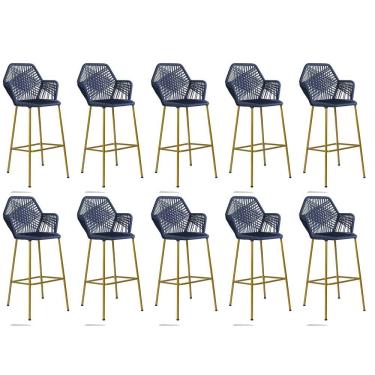 Imagem de Kit 10 Banqueta Alta Com Encosto Balcão Ferro Dourado Fibra Azul Marinho