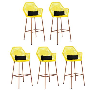 Imagem de Kit 05 Banqueta Alta Com Encosto Sttar Balcão Ferro Bronze Fibra Amarelo Almofada Corino Preto