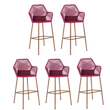 Imagem de Kit 05 Banqueta Alta Com Encosto Sttar Balcão Ferro Bronze Fibra Pink Almofada Suede Bordô