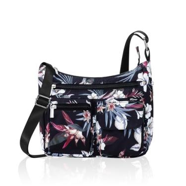 Imagem de Kamo Bolsa tiracolo feminina – bolsa carteiro leve com vários bolsos, casual, estampada, bolsa de viagem, Flores pretas, One Size