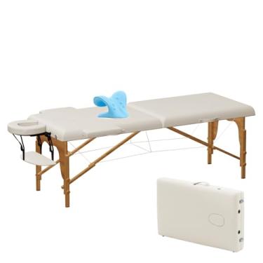Imagem de Gaussen Mesa De Massagem Portátil Com Maca Pescoço, Cama Dobrável Resistente 84" Para Tatuagem Facial, Cílios Ajustáveis, Esteticista Beleza (Madeira, Marfim)