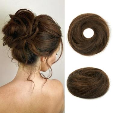 Imagem de TANJET Cabelo Humano 100% Natural, Coque, Cacheado, Elástico, Aplique Para Crianças, Rabo De Cavalo, Extensões #Castanho Chocolate, Bagunçado, Com Elástico (#04 Castanho Médio)