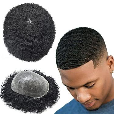 Imagem de SINGA HAIR Peruca Afro Para Homens Negros, Sistema De Cabelo Brasileiro Cacheado, Unidade Injeção Totalmente Em Pu (1B# Natural, Onda 10 Mm)