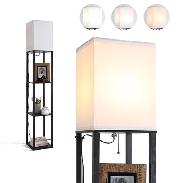 Imagem de YAMEIWAN Luminária De Chão Com Prateleiras, Luminárias Prateleira Para Sala Estar, Lâmpada Led 3 Núcleos, Moderna Estante Quadrada Canto 4 Níveis, Quarto E Escritório