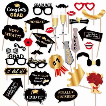 Imagem de Lovoir Adereços Para Cabine De Fotos Formatura, 33 Peças, Preto, Dourado, Baile Formatura 2025, Fotos, Decoração Festa Conjunto Lembrancinhas, Chapéus, Batom, Gravatas, Coroas