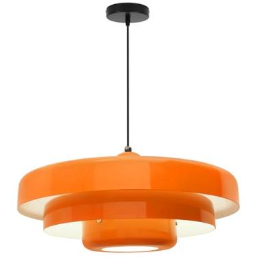 Imagem de Qepeety Luminária Pendente Vintage, Lustre Moderno De Meados Do Século, Teto, Cúpula Metal Laranja, Grande Diâmetro 17,7", Luminárias Pendentes Para Sala Jantar E Estar