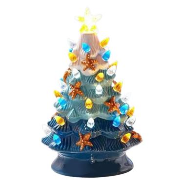 Imagem de Árvore de Natal de cerâmica com luz de 24 cm para mesa com enfeite de estrela enfeite de cerâmica pré-iluminada para Natal, luz noturna para decoração G