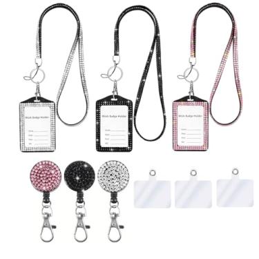 Imagem de Cordão de pescoço de cristal 3 em 1, suporte de crachá de identificação brilhante, suporte de cartão de nome de trabalho com strass retrátil para professoras enfermeiras e médicas (transparente, rosa