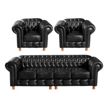 Imagem de Conjunto Sofá 4 Lugares E 2 Poltrona Chesterfield Luís Xv Vintage Retrô Capitonê Couro Preto