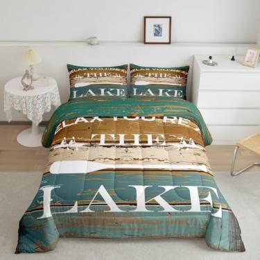 Imagem de Conjunto de edredom rústico casal, com tema de casa de lago, para amantes de passeios de barco, crianças, homens, adolescentes, decoração de casa, para meninos, vintage, de madeira, marrom, azul, 3