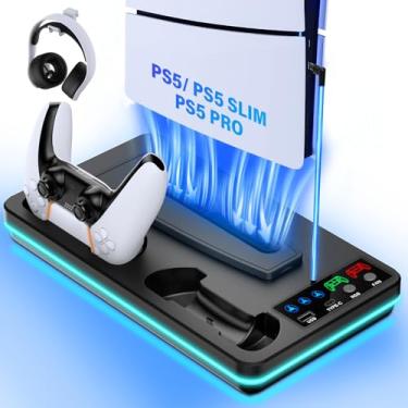 Imagem de Suporte de resfriamento PS5/Slim/Pro, estação de resfriamento PS5 Slim Pro com estação de carregamento de controle para PlayStation 5 Slim Pro, acessórios de cooler RGB PS5, incluindo carregador de