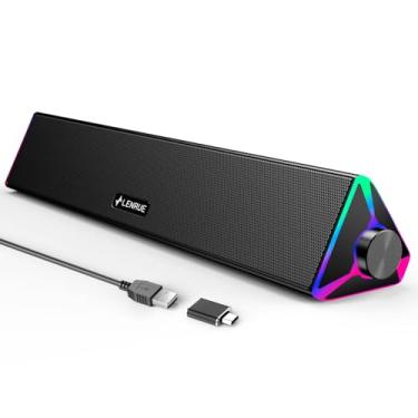 Imagem de LENRUE Alto-falantes de computador para desktop, alto-falantes de PC com USB único para energia e som estéreo, luzes sensíveis ao toque, alto-falantes para jogos, barra de som para desktop, monitor e