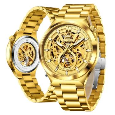 Imagem de OLEVS Relógio de pulso masculino esqueleto automático com corda automática, cristal de safira, aço inoxidável, 3AT, à prova d'água, luminoso, para negócios, Relógios de luxo: ouro