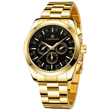 Imagem de FORSINING Relógio masculino analógico à prova d'água de quartzo, calendário, automático, com cintos de aço inoxidável, relógio de pulso, 1 - Preto e dourado, Relógio de quartzo