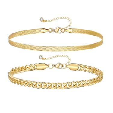 Imagem de KissYan Pulseiras de tornozelo em camadas de ouro para mulheres, delicadas banhadas a ouro 14 k com duas camadas de elos cubanos ajustáveis, clipe de papel com contas para o verão e a praia, conjunto simples de joias para os pés, pequenos presentes para meninas e adolescentes, Latão, Pedra preciosa 
