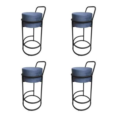 Imagem de Kit 4 Banquetas Alta Redonda Base Preta Veludo - Cinza