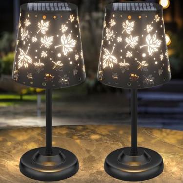 Imagem de Ubright Candeeiro de mesa solar para uso externo, sem fio, com design oco de folha de bordo, luzes de mesa solares, de metal, à prova d'água, lanternas internas e externas decorativas para quintal