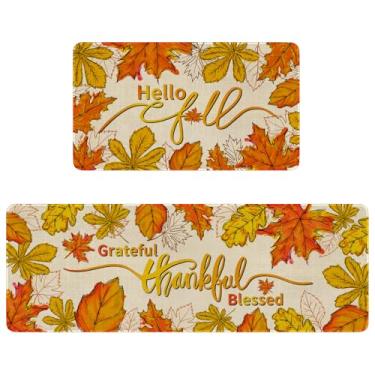 Imagem de Conjunto de 2 tapetes de cozinha de outono, tapetes de cozinha de ação de graças para o chão, tapetes de lavatório, antiderrapante, lavável, folha de bordo, decoração de casa + tapete de corredor