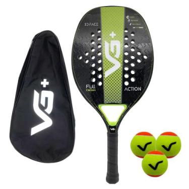 Imagem de Kit Raquete de Beach Tennis Action Full Carbon Verde com 3 Bolas e Bol