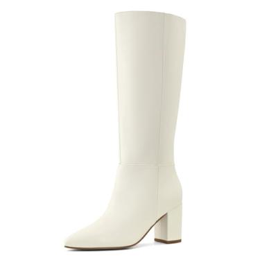 Imagem de Shoe'N Tale Botas de cano alto para mulheres, panturrilha larga, salto grosso, outono, inverno, bico fino, Poliuretano bege, 7 Wide