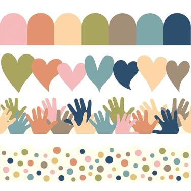 Imagem de Bordas de quadro de avisos Boho de 28 m - Adesivos coloridos autoadesivos de borda de sala de aula, quadros de avisos recortados para escola, quadro-negro, decoração de mesa e parede