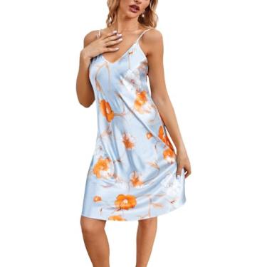 Imagem de Original Kimono Camisola feminina de cetim com alças finas, babydoll, Azul floral, G