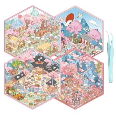 Imagem de 4 Sets Sakura Theme DIY 3D House Stickers - Cherry Blossom Miniature House Scenes Art Craft for Women Girls Teens, Spring Crafting Activity, Stress Relief Home Decor (Cute Cartoon Design)