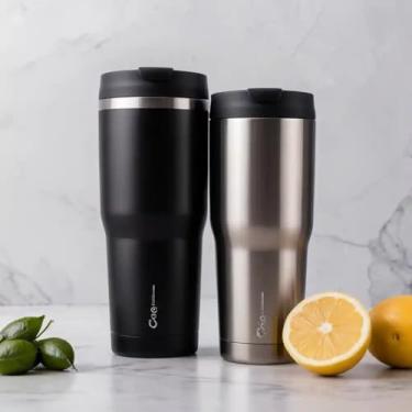 Imagem de Copo Térmico Parede Dupla em Aço Inox Preta 500ml com Alça Ergonômica - Estilo Minimalista