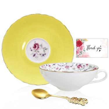 Imagem de Conjunto de xícaras de chá e pires, porcelana óssea, 170 g, xícara de café de porcelana, xícara de cappuccino, padrão floral vintage, com acabamento dourado, cerâmica antiga, para bebida expresso