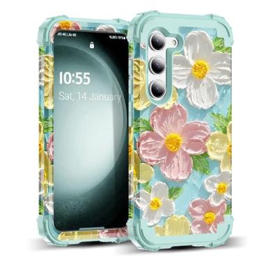 Imagem de SleekCover Capa para Galaxy S23 5G, padrão floral 3 em 1, proteção resistente à prova de choque, amortecedor de borracha de silicone macio + capa protetora híbrida de plástico rígido para Samsung