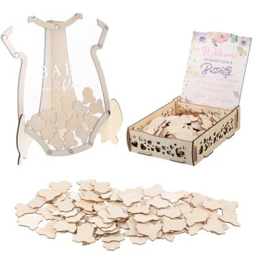 Imagem de Wanmu Conjunto alternativo de livro de visitas para chá de bebê, alternativas de livro de visitas de madeira, decorações reveladoras de gênero, lembrança de moldura de ultrassom com moldura, livro de