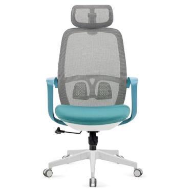 Imagem de Cadeira de escritório ergonômica moderna com encosto de cabeça, almofada de assento grossa, encosto de malha, rotação de 360°, altura ajustável, suporte lombar (azul)