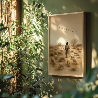 Imagem de Quadro Decorativo Jesus Pastor Com Moldura Religioso Cristo Ovelhas Fé Esperança Caminho Bíblia Fé Cristã Sala Quarto Escritório Inspiração
