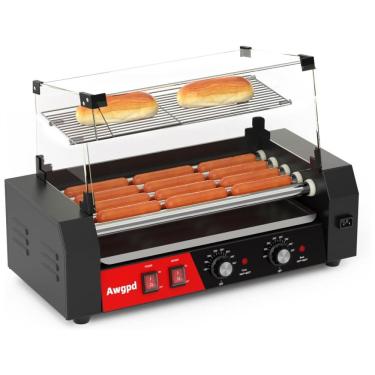 Imagem de Máquina de Salsicha Hot Dog Awgpd, 12 hot dogs e 5 rolos antiaderentes, com tampa de vidro, bandeja coletora, controle de temperatura duplo
