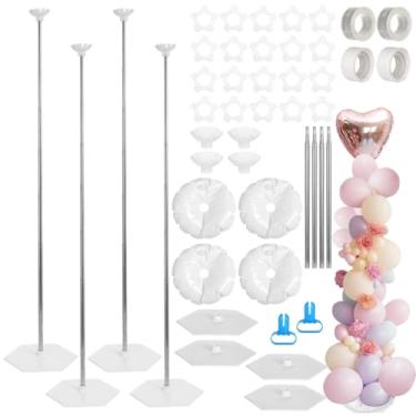 Imagem de 4 conjuntos de kit de suporte de coluna de balão, suportes de metal ajustáveis de 53 a 205 cm, suportes de balão telescópicos, inclui clipes de balão, seladores, tiras de arco e adesivos, ideal para