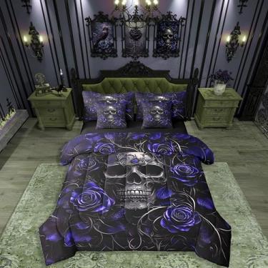Imagem de Erosebridal Jogo de cama casal com estampa de caveira de açúcar, estampa floral rosa azul marinho, para crianças, meninos, meninas, adolescentes, adultos, esqueleto gótico, cama em uma bolsa, hippie