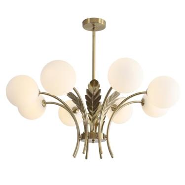 Imagem de BOKT Luminária de teto de montagem semiembutida dourada com 8 esferas de latão, esfera de vidro de leite, Sputnik, candelabro de casa de fazenda, luzes de cozinha penduradas para quarto, sala de estar
