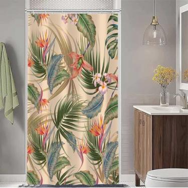 Imagem de Cortina de chuveiro tropical, folhas coloridas floral folha de palmeira havaiana planta botânica decoração de banheiro, cortina de banho de tecido impermeável com ganchos 122 x 182 cm