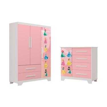 Imagem de Conjunto Quarto Infantil Princesas - Roupeiro E Cômoda Mdf - Rosa