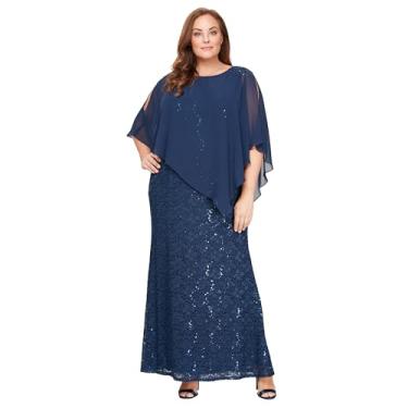 Imagem de S.L. Fashions Vestido feminino plus size longo de lantejoulas renda com contas capelet mãe da noiva, vestido formal de noite, Azul-marinho novo, 52