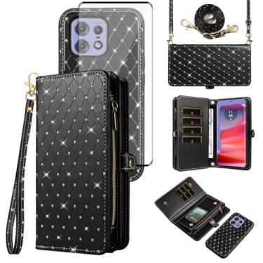 Imagem de Capa de celular para Motorola Edge 50 Pro Carteira com zíper destacável com protetor de tela transversal Alça de cordão Bling Glitter Flip porta-cartões Slot Moto Edge50 50Pro 5G Mulheres Homens