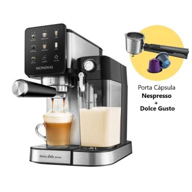 Imagem de Kit Cafeteira Espresso Mondial Dolce Latte 1350W Preto/Inox 220V + Porta Cápsula Nespresso e Dolce Gusto