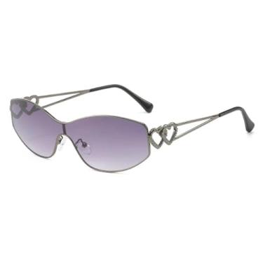 Imagem de JRLLFD Óculos de sol vintage punk sem aro com coração duplo, feminino e masculino, moda UV400 (cinza degradê)