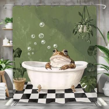 Imagem de Yookeb Cortina de chuveiro divertida e fofa sapo para banheiro 180 cm L x 188 cm Folhas de planta verde tropical Hilário Tecido de poliéster 12 ganchos de plástico à prova d'água decoração
