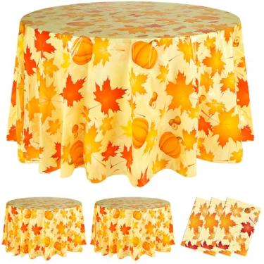 Imagem de LemonRoad 3 peças de toalha de mesa redonda de plástico para outono, 203 cm, descartável, para outono, folhas de bordo, abóbora, toalha de mesa circular para decoração de festa de aniversário