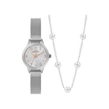 Imagem de Kit Relógio +Cordão Condor Mini Prata Feminino Co2035Nht/K4K