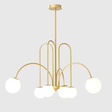 Imagem de Flyrose Lustre Sputnik moderno de latão de meados do século 6 luzes globo de vidro de leite luminária pendente lustre nórdico dourado e branco para cozinha ilha sala de jantar