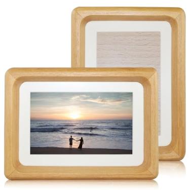 Imagem de FRUMENSHIP Conjunto de 2 porta-retratos de madeira, 10 x 15 cm, exiba imagens de 7 x 12 cm com tapete ou 10 x 15 cm sem tapete, decoração de mesa horizontal ou vertical, moldura de madeira maciça (cor