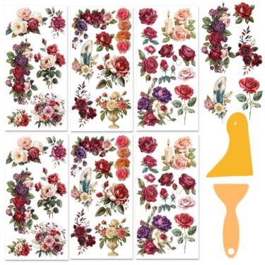 Imagem de BEUNITONE 6 peças de flores vintage em transferências para artesanato e móveis decalques adesivos de flora retrô 15 x 30 cm peônias rosa decoração de casa transferências de móveis para madeira vidro